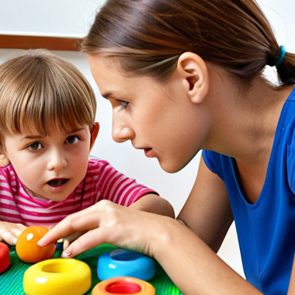 **

A speech therapist conducting a diagnostic evaluation with a young child, using colorful toys and engaging activities. Focus on the therapist's attentive listening and the child's interaction.

**