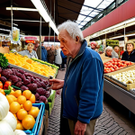 **A person with Aphasia struggling to communicate during a simple interaction at a local Dutch "markt" (market).** This scene should illustrate the frustration and difficulty in expressing needs while trying to purchase everyday items, with a worried expression. Capture the bustling environment of a typical Dutch market with fresh produce, cheese, and flowers.