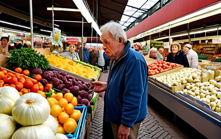 **A person with Aphasia struggling to communicate during a simple interaction at a local Dutch "markt" (market).** This scene should illustrate the frustration and difficulty in expressing needs while trying to purchase everyday items, with a worried expression. Capture the bustling environment of a typical Dutch market with fresh produce, cheese, and flowers.