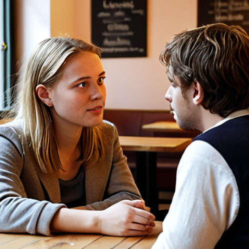 **Prompt:** A warm, inviting scene in a cozy, modern Dutch café. Two diverse individuals (subtly European features) are seated, deeply engaged in conversation. One is speaking, while the other is actively listening with an open, empathetic posture, maintaining genuine eye contact. The focus is on the listener's attentiveness, conveying a sense of true absorption of both words and emotions, highlighting deep connection and understanding formed through active listening. Soft, natural lighting enhances the intimate atmosphere.