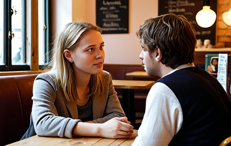 **Prompt:** A warm, inviting scene in a cozy, modern Dutch café. Two diverse individuals (subtly European features) are seated, deeply engaged in conversation. One is speaking, while the other is actively listening with an open, empathetic posture, maintaining genuine eye contact. The focus is on the listener's attentiveness, conveying a sense of true absorption of both words and emotions, highlighting deep connection and understanding formed through active listening. Soft, natural lighting enhances the intimate atmosphere.