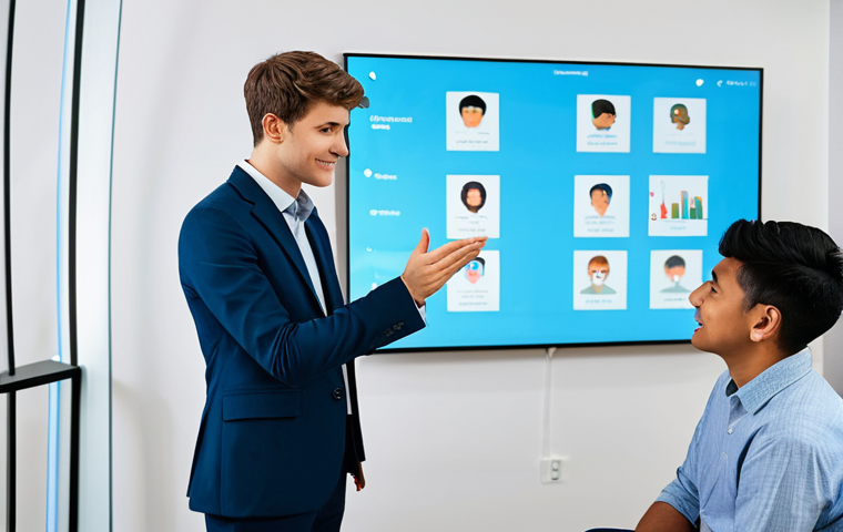 **Prompt for an innovative, technology-driven therapy session:**
A professional speech therapist, fully clothed in a modest business suit, gently guides a young adult client, fully clothed in appropriate casual wear, in a modern, well-lit speech therapy clinic. The client is engaged with a futuristic AI-powered interactive screen displaying real-time speech analysis data and personalized exercises. In the background, a subtle holographic projection shows a simulated social environment, hinting at Virtual Reality (VR) practice. The therapist offers encouraging guidance, showcasing a holistic and technology-integrated approach to communication training. The setting is clean and professional, with an emphasis on advanced tools aiding human connection. Professional photography, sharp focus, vibrant colors, perfect anatomy, correct proportions, natural pose, well-formed hands, proper finger count, natural body proportions, safe for work, appropriate content, fully clothed, family-friendly.
